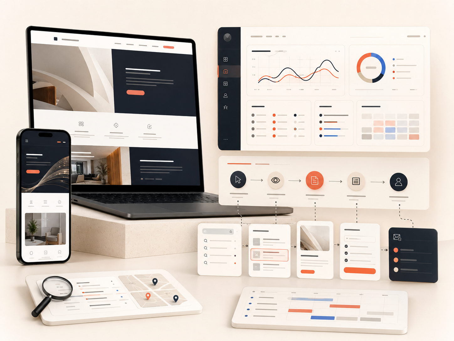 A website growth audit shown across desktop, mobile and campaign dashboards